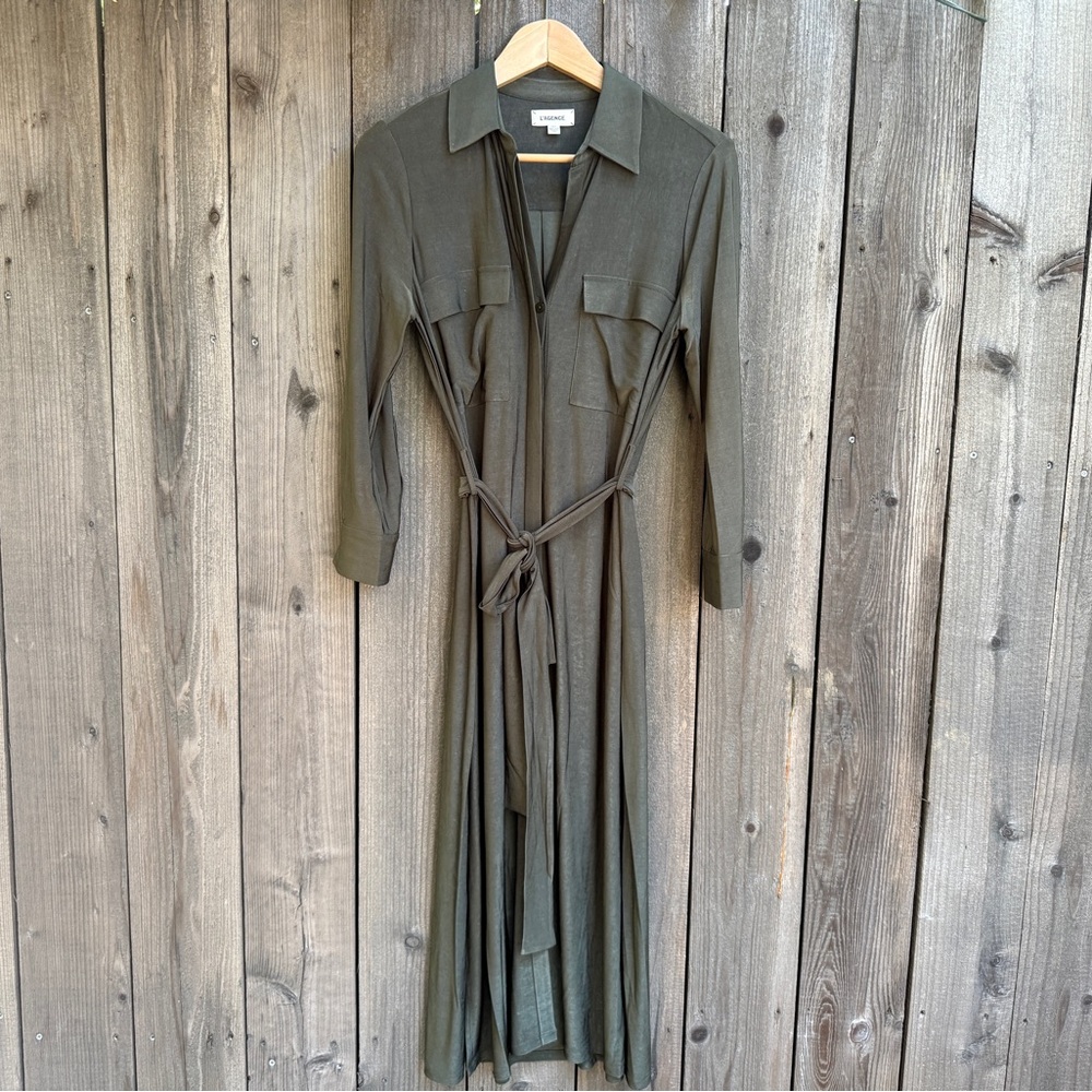 Olive Slinky Knit Shirt Dress